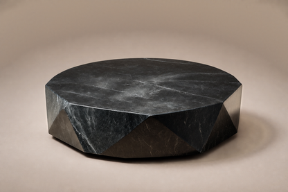 Faceted Circular Base black marble plinth base by 1-OPH, three-quarter studio view