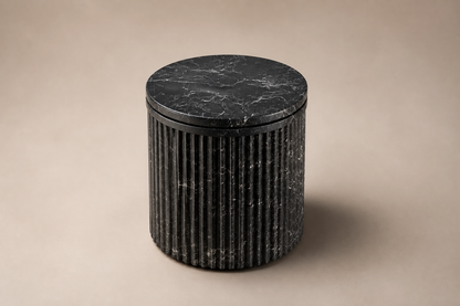 Fluted Drum Base Tall black marble plinth base by 1-OPH, three-quarter studio view
