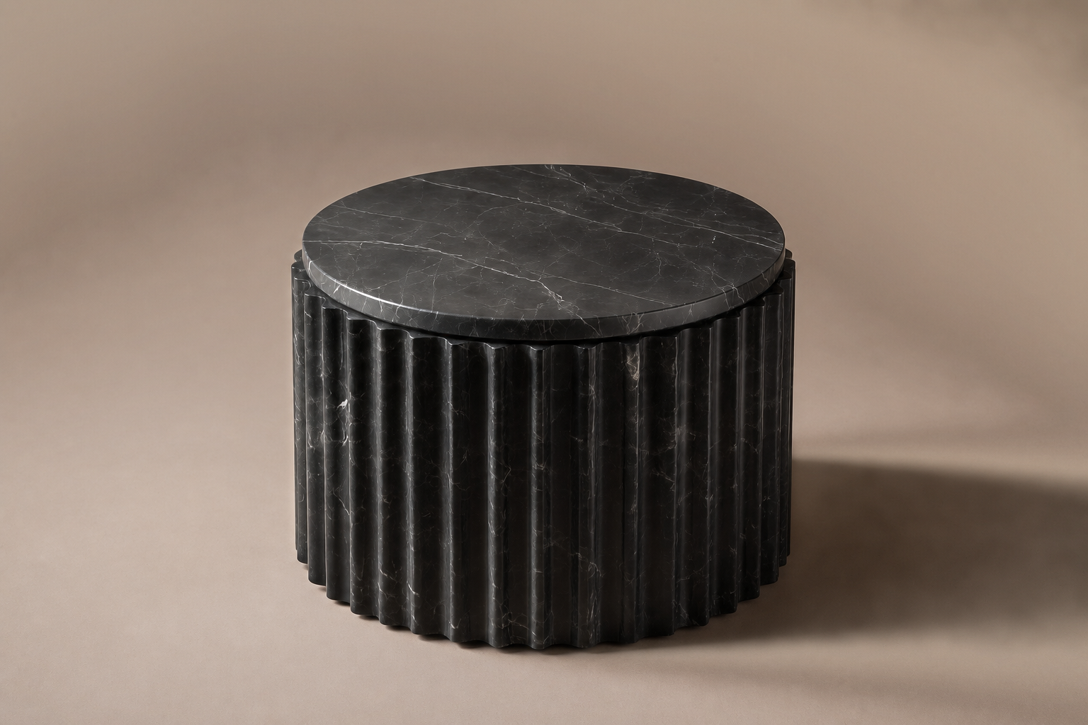 Fluted Drum Base Wide black marble plinth base by 1-OPH, three-quarter studio view