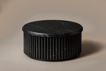 Fluted Drum Base Capped black marble plinth base by 1-OPH, three-quarter studio view