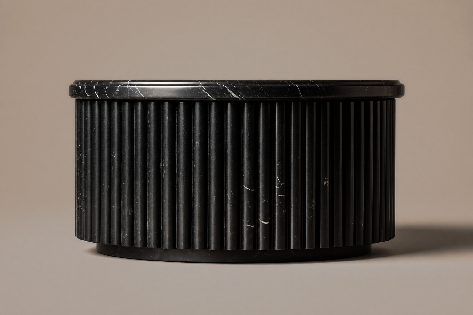 Fluted Drum Base Capped black marble plinth base by 1-OPH, side elevation