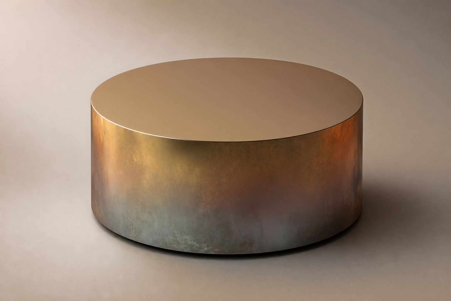 Burnt Stainless Drum Base stainless steel 316 plinth base by 1-OPH, three-quarter studio view