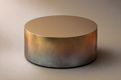 Burnt Stainless Drum Base stainless steel 316 plinth base by 1-OPH, three-quarter studio view