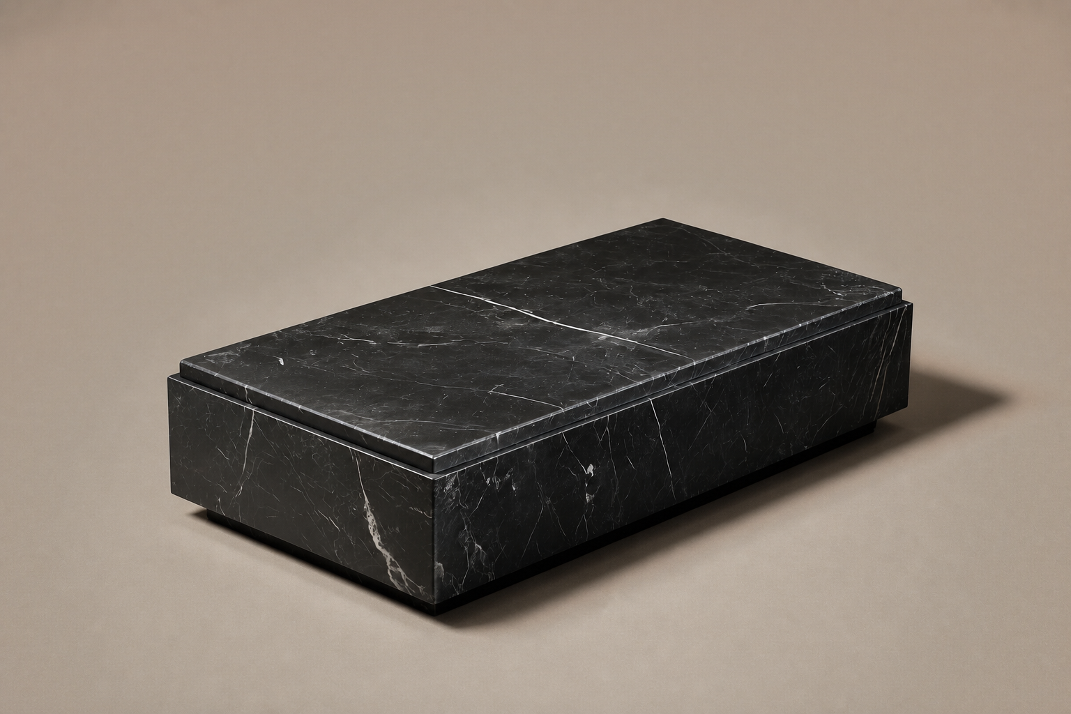 Rounded Miter Base Slim black marble plinth base by 1-OPH, three-quarter studio view