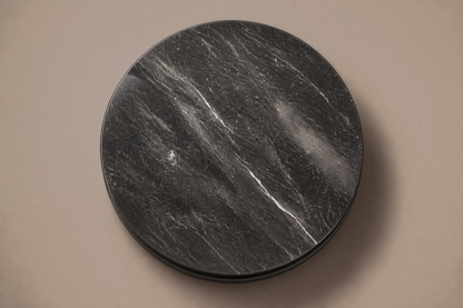 Stacked Disc Base Deep black marble plinth base by 1-OPH, overhead view