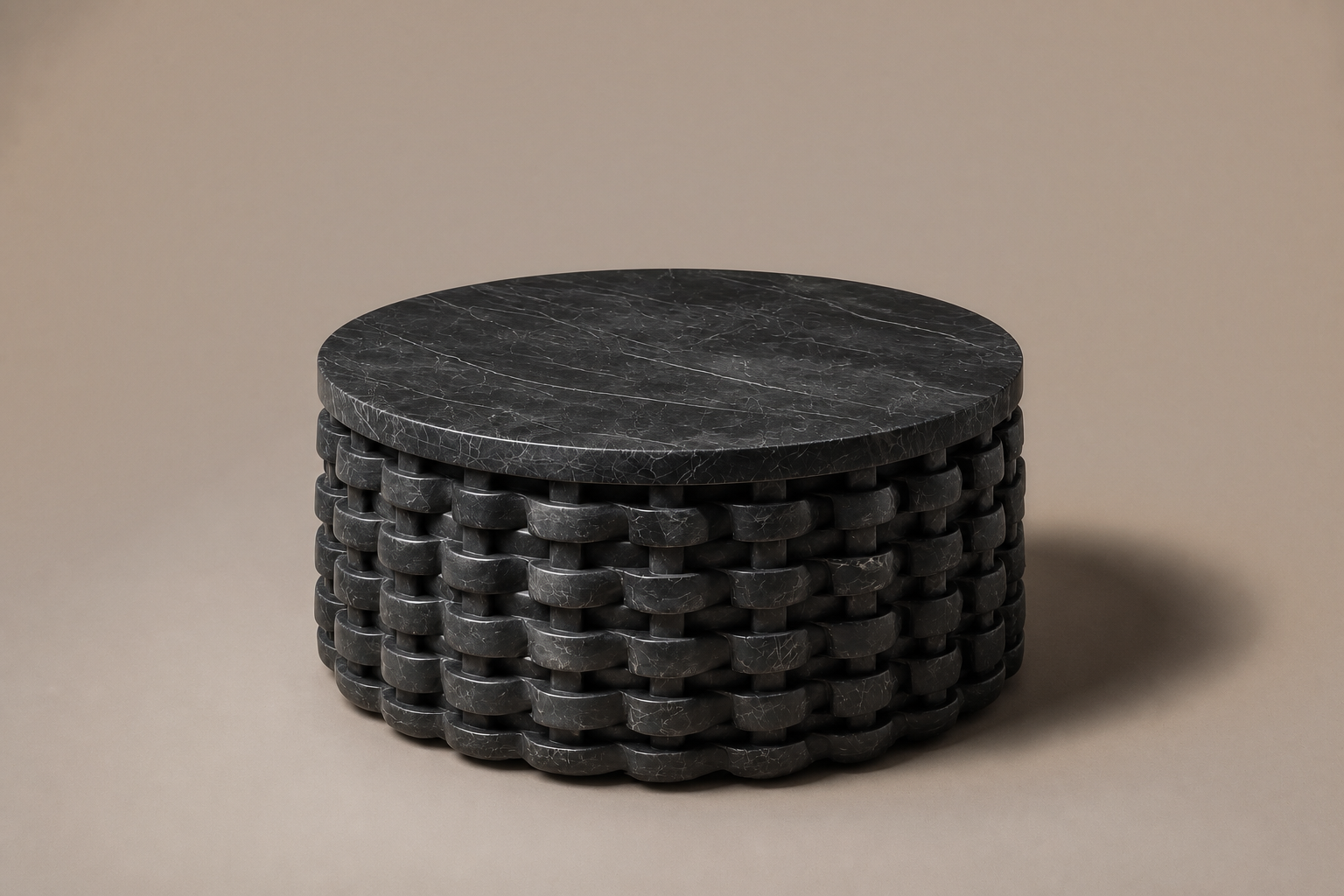 Woven Circular Base black marble plinth base by 1-OPH, three-quarter studio view