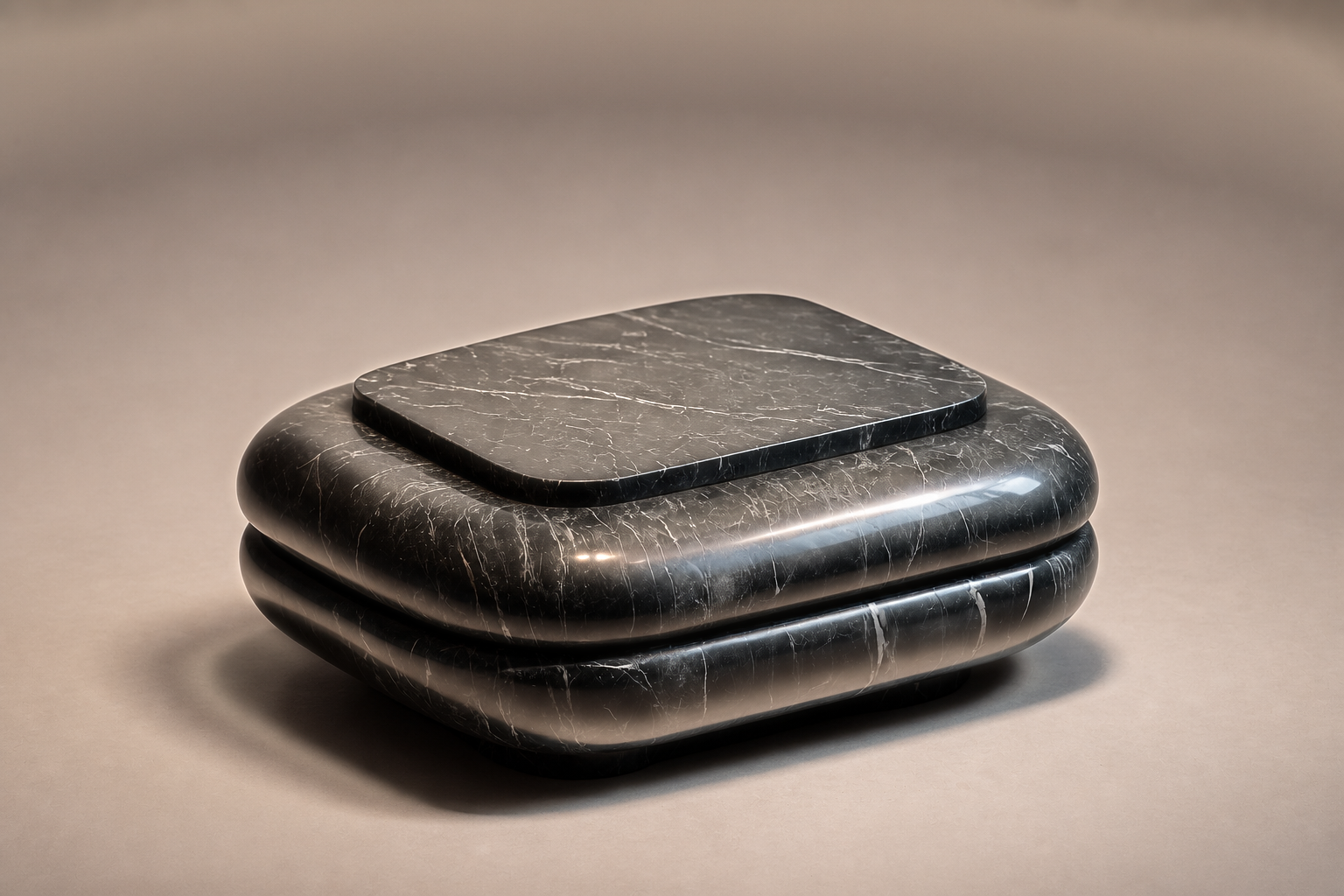 Balloon Base black marble plinth base by 1-OPH, three-quarter studio view