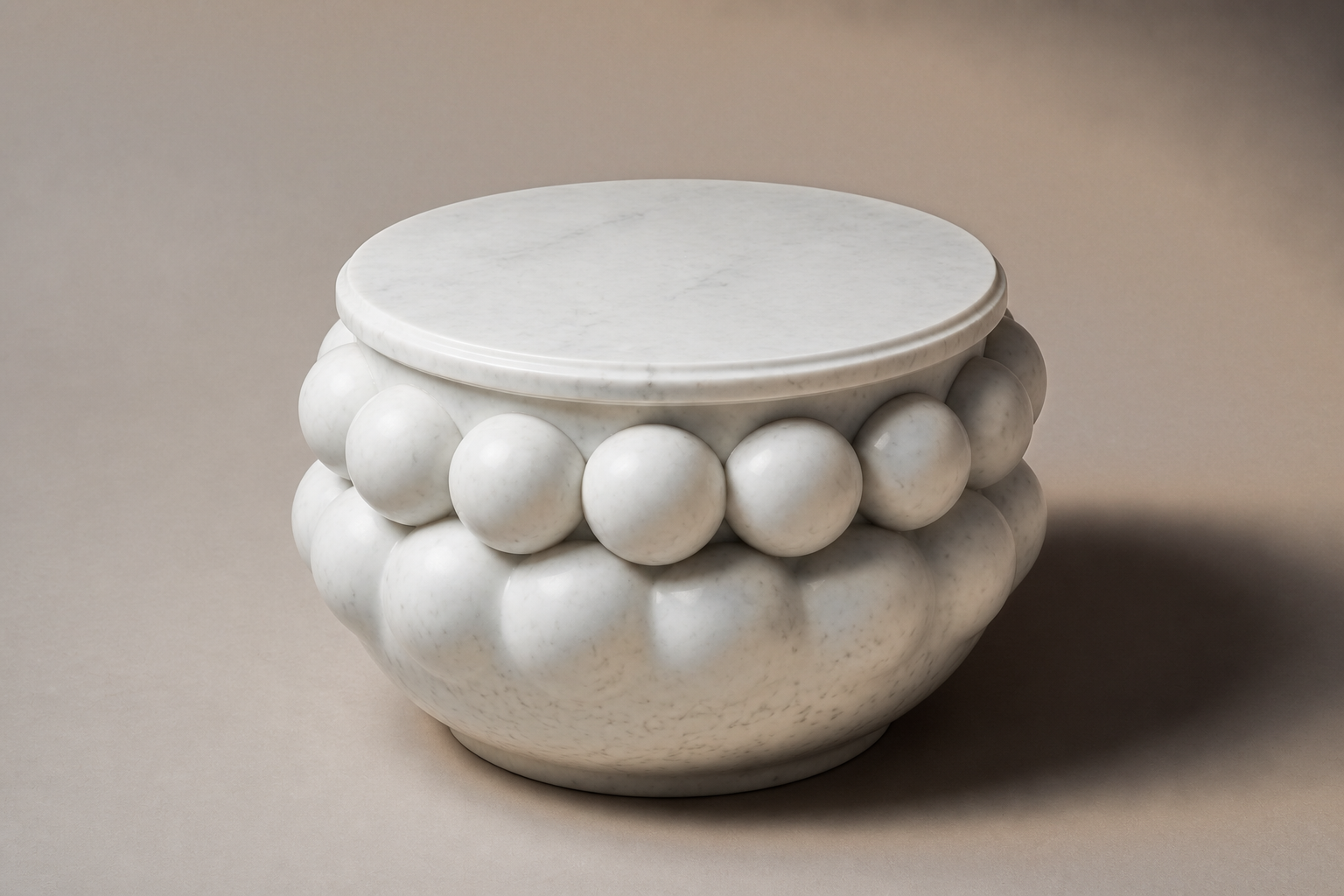 Beaded Pillow Plinth Statuario black marble plinth base by 1-OPH, three-quarter studio view