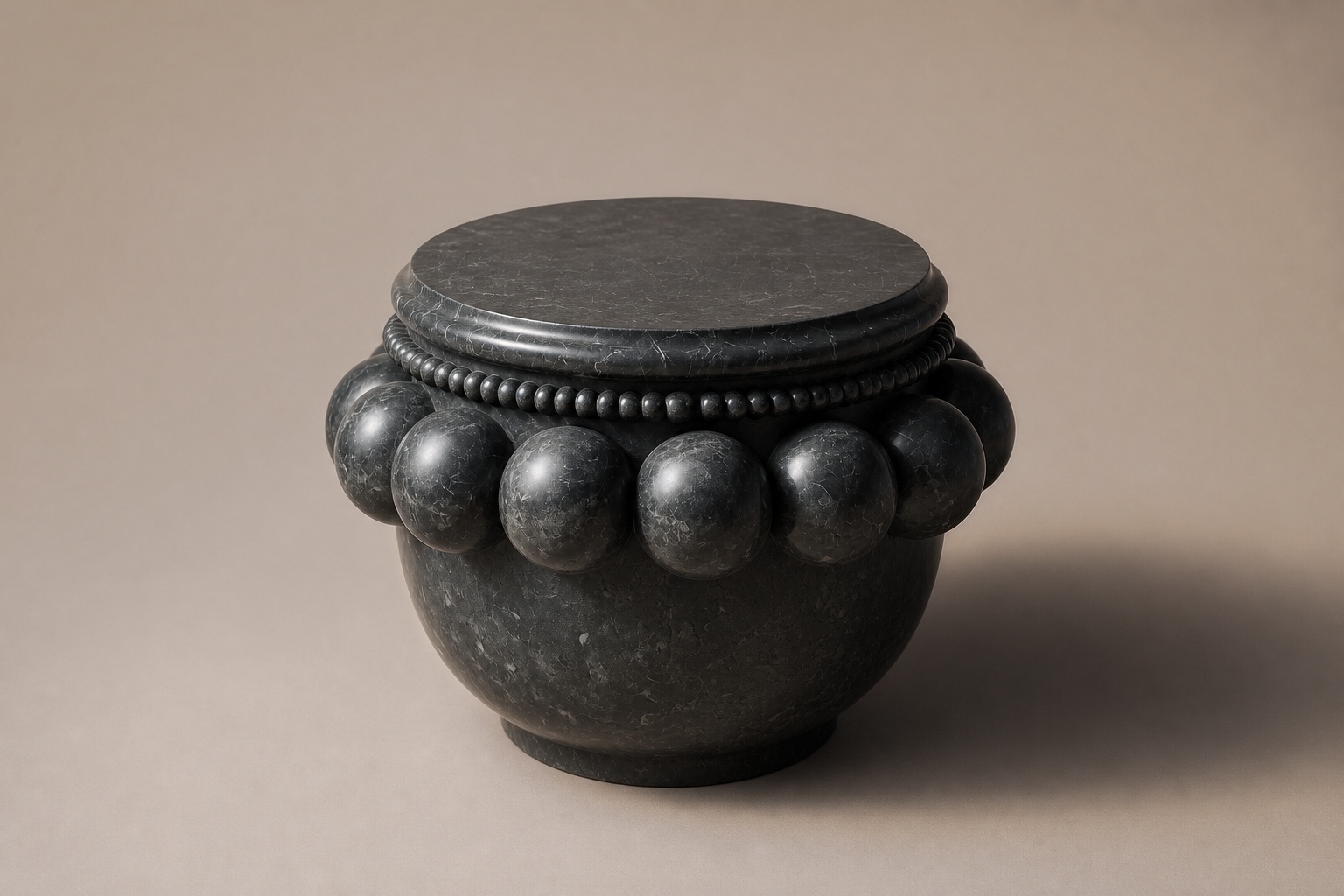 Beaded Pillow Plinth Nero black marble plinth base by 1-OPH, three-quarter studio view
