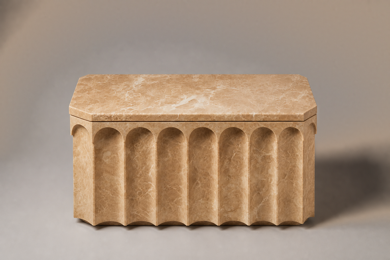Emperador Light Scalloped Base emperador light marble plinth base by 1-OPH, three-quarter studio view