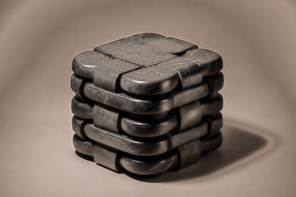 Woven Parcel Base black marble plinth base by 1-OPH, three-quarter studio view