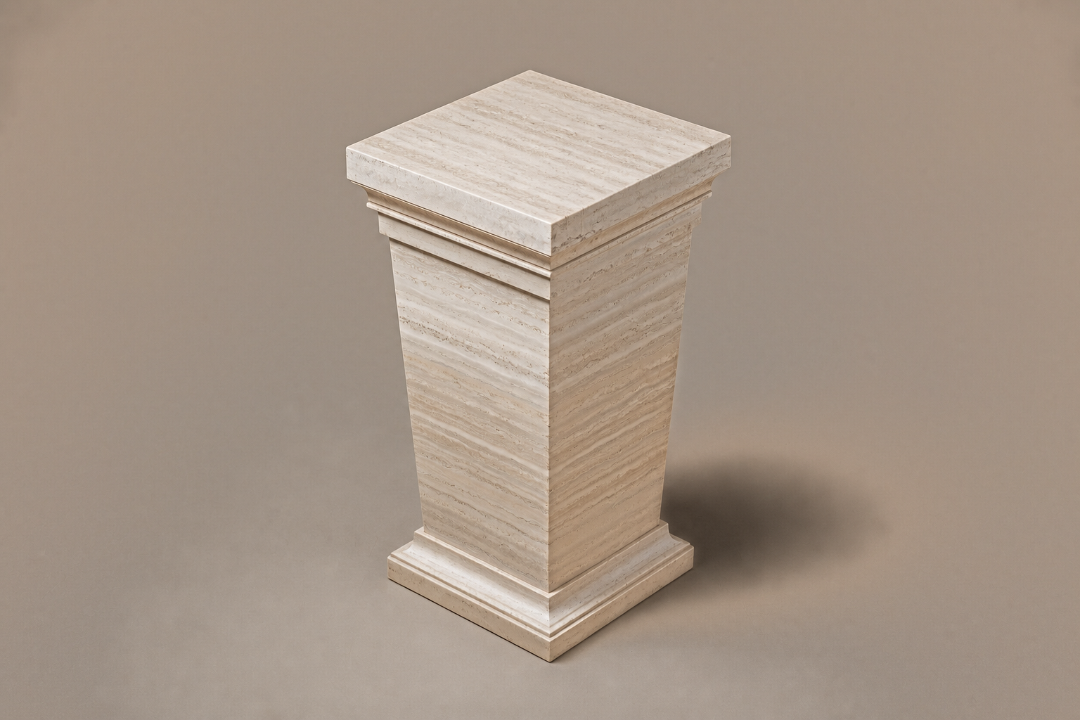 Travertine Pedestal Stepped silver travertine plinth base by 1-OPH, three-quarter studio view