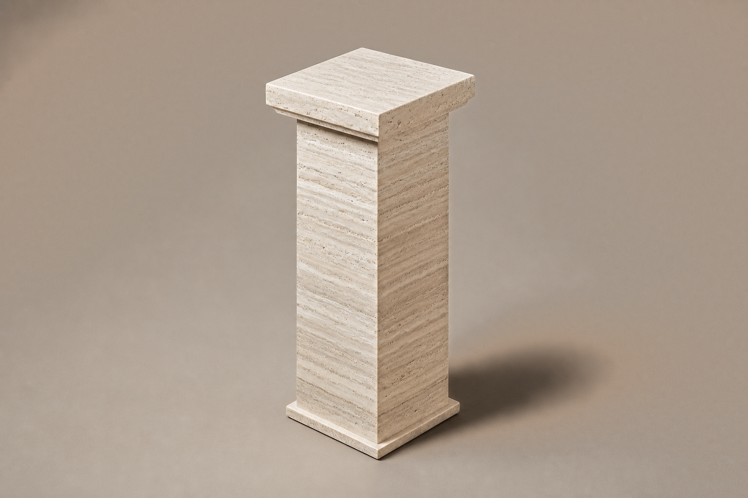 Travertine Pedestal Slim silver travertine plinth base by 1-OPH, three-quarter studio view