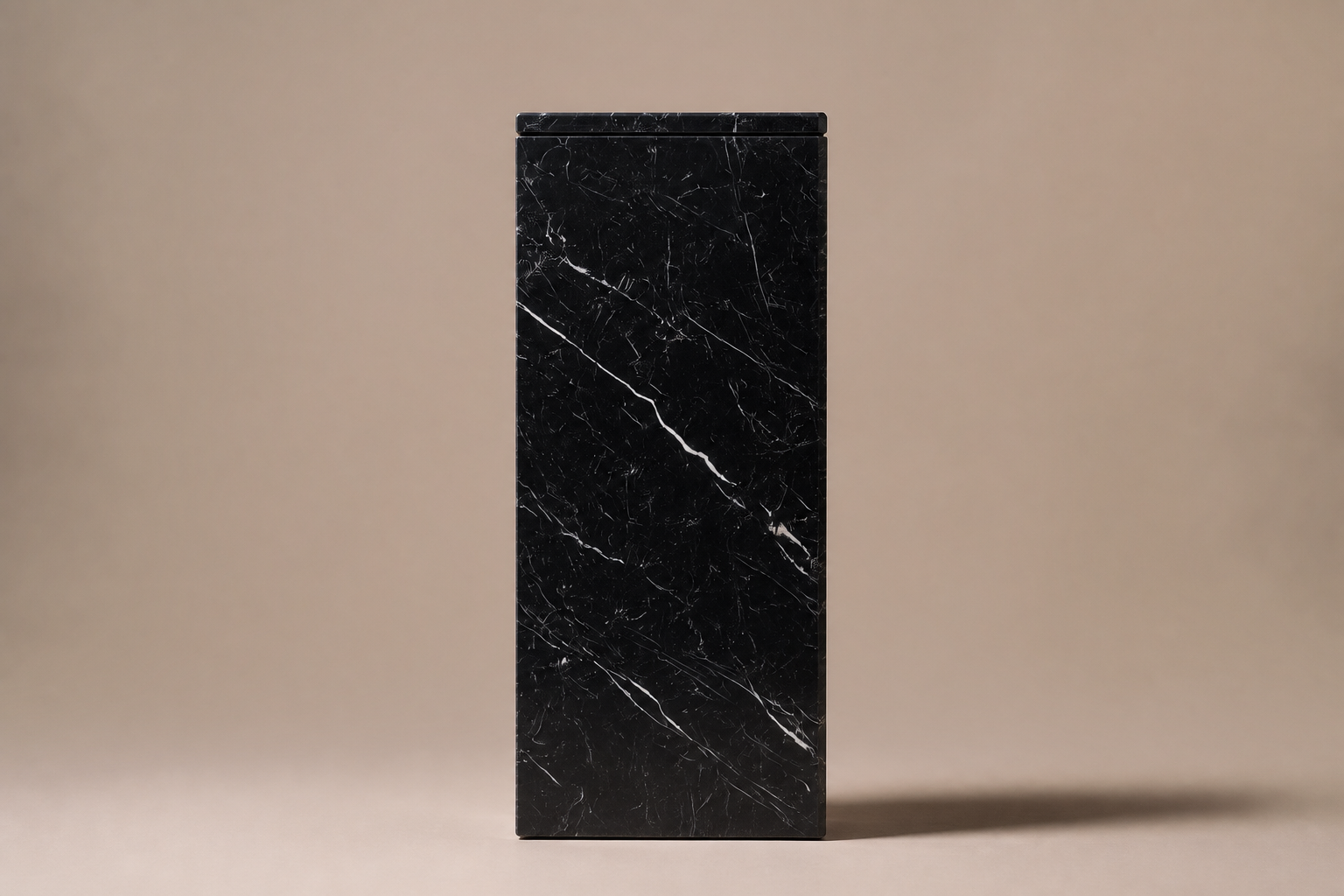 Beveled Monolith Base Block black marble plinth base by 1-OPH, side elevation