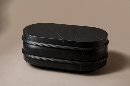 Concave Groove Base Oval black marble plinth base by 1-OPH, three-quarter studio view