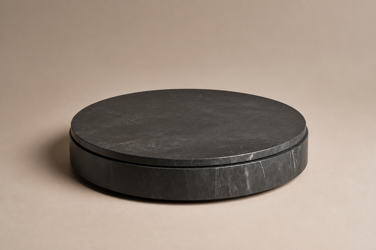Concave Groove Base Disc black marble plinth base by 1-OPH, three-quarter studio view