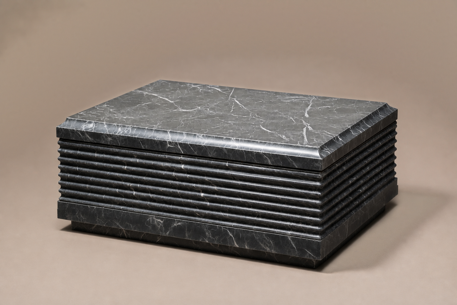 Grigio Ribbed Base Deep grigio carnico marble plinth base by 1-OPH, three-quarter studio view
