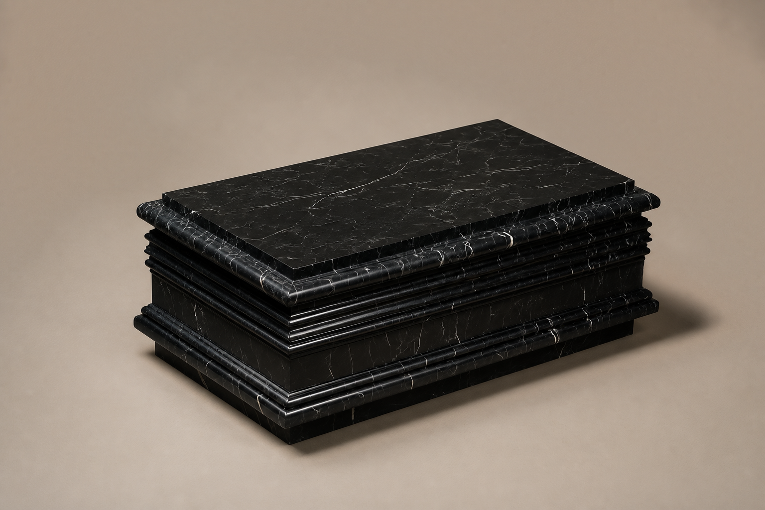 Grooved Band Base Stepped black marble plinth base by 1-OPH, three-quarter studio view