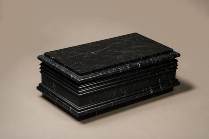 Grooved Band Base Stepped black marble plinth base by 1-OPH, three-quarter studio view