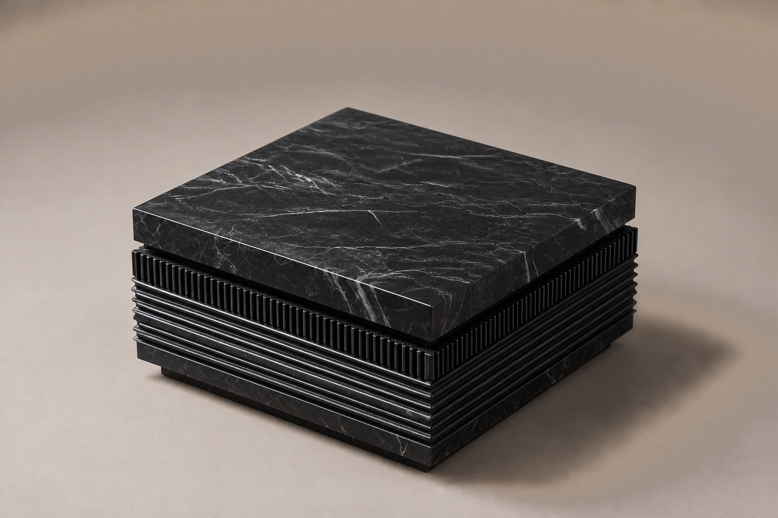 Grooved Band Base Deep black marble plinth base by 1-OPH, three-quarter studio view