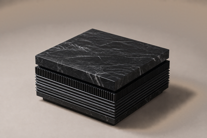 Grooved Band Base Deep black marble plinth base by 1-OPH, three-quarter studio view