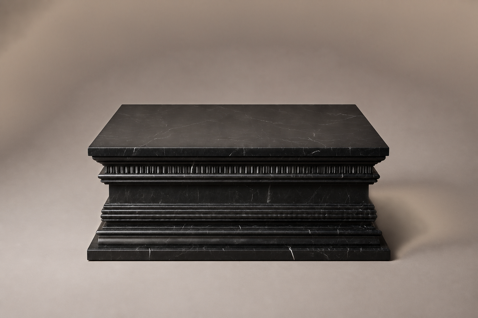 Grooved Band Base Plinth black marble plinth base by 1-OPH, three-quarter studio view