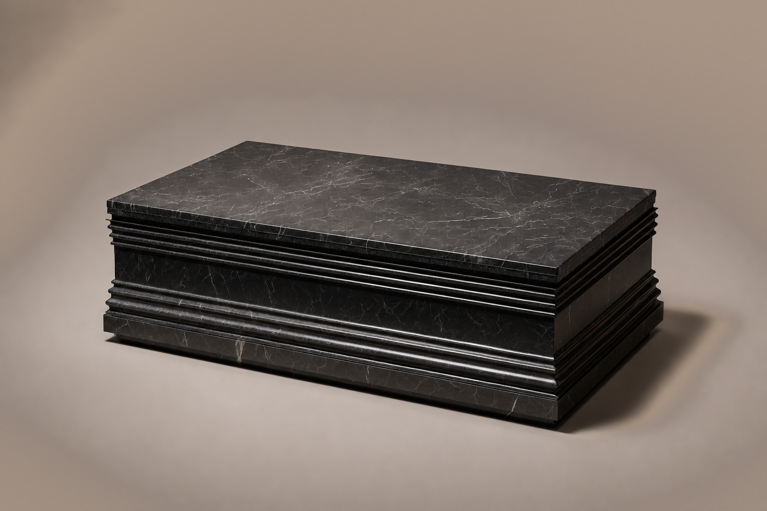 Grooved Band Base Long black marble plinth base by 1-OPH, three-quarter studio view