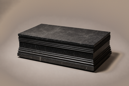 Grooved Band Base Long black marble plinth base by 1-OPH, three-quarter studio view