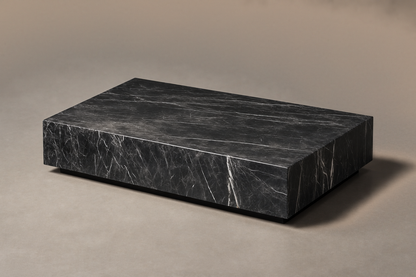 Knife-Edge Base Long black marble plinth base by 1-OPH, three-quarter studio view