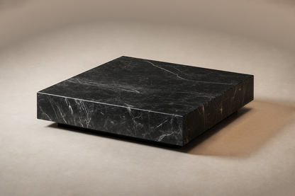 Knife-Edge Base Wide black marble plinth base by 1-OPH, three-quarter studio view