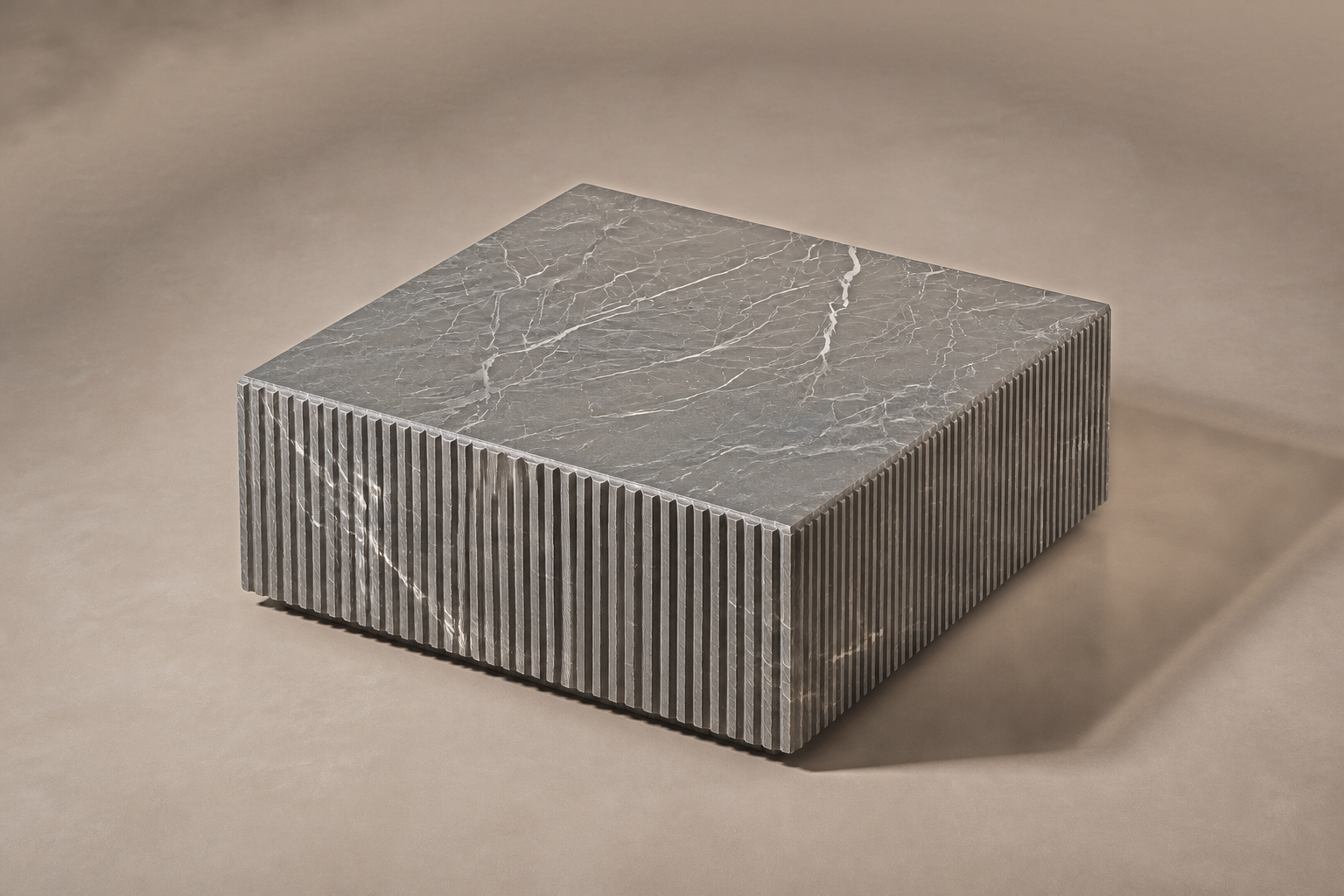 Pietra Grey Reeded Base Grey pietra grey marble plinth base by 1-OPH, three-quarter studio view