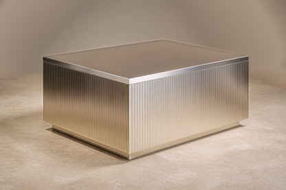Brushed Stainless Base stainless steel 316 plinth base by 1-OPH, three-quarter studio view