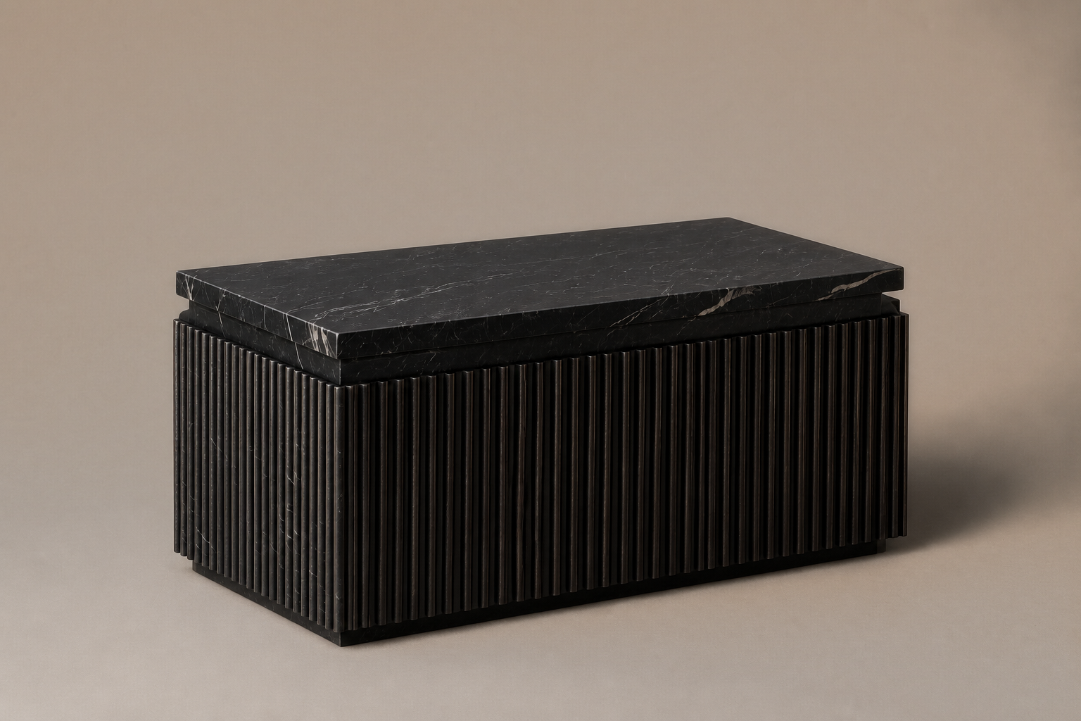 Reeded Base Capped black marble plinth base by 1-OPH, three-quarter studio view