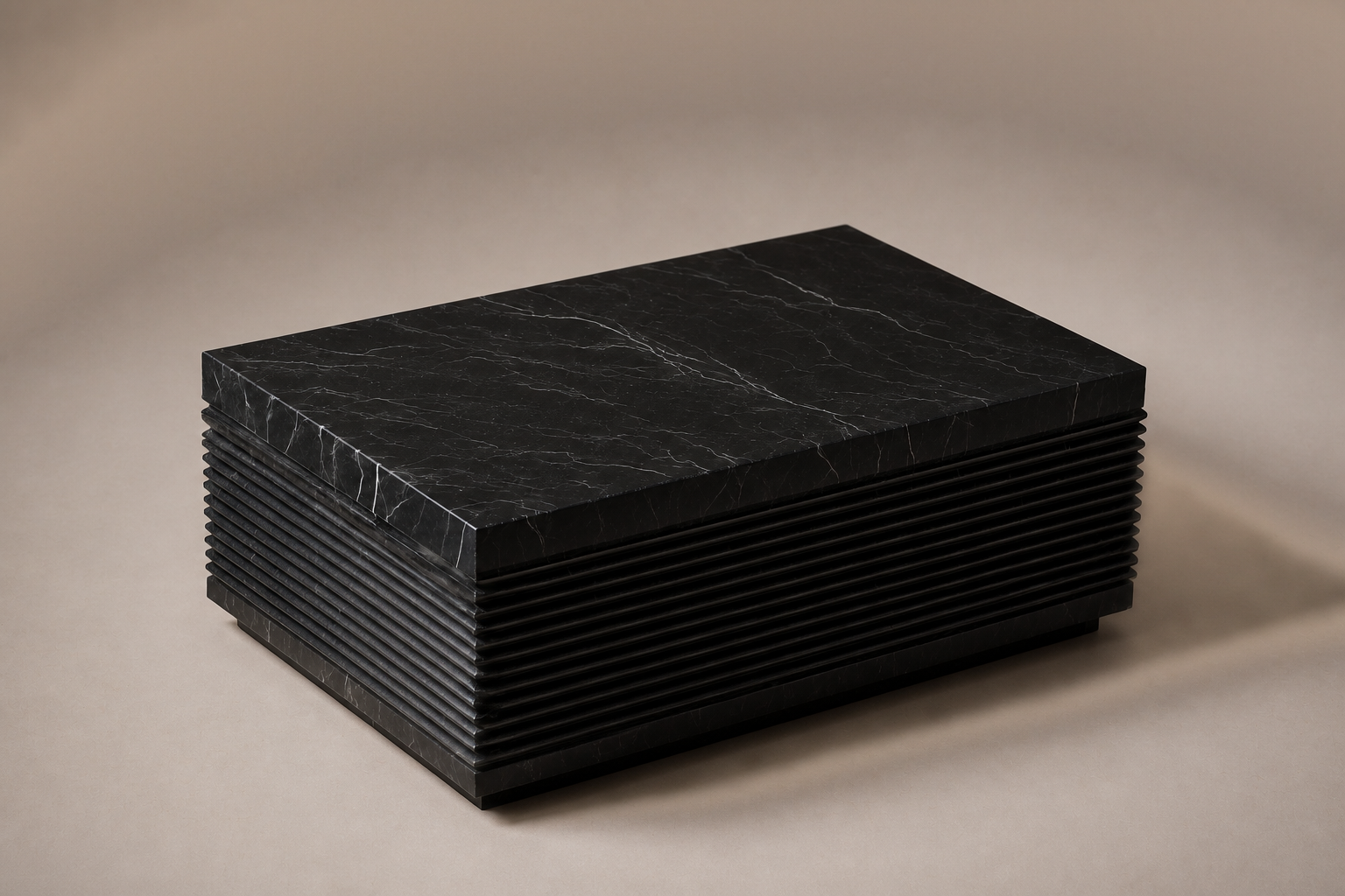 Ribbed Horizontal Base Deep black marble plinth base by 1-OPH, three-quarter studio view