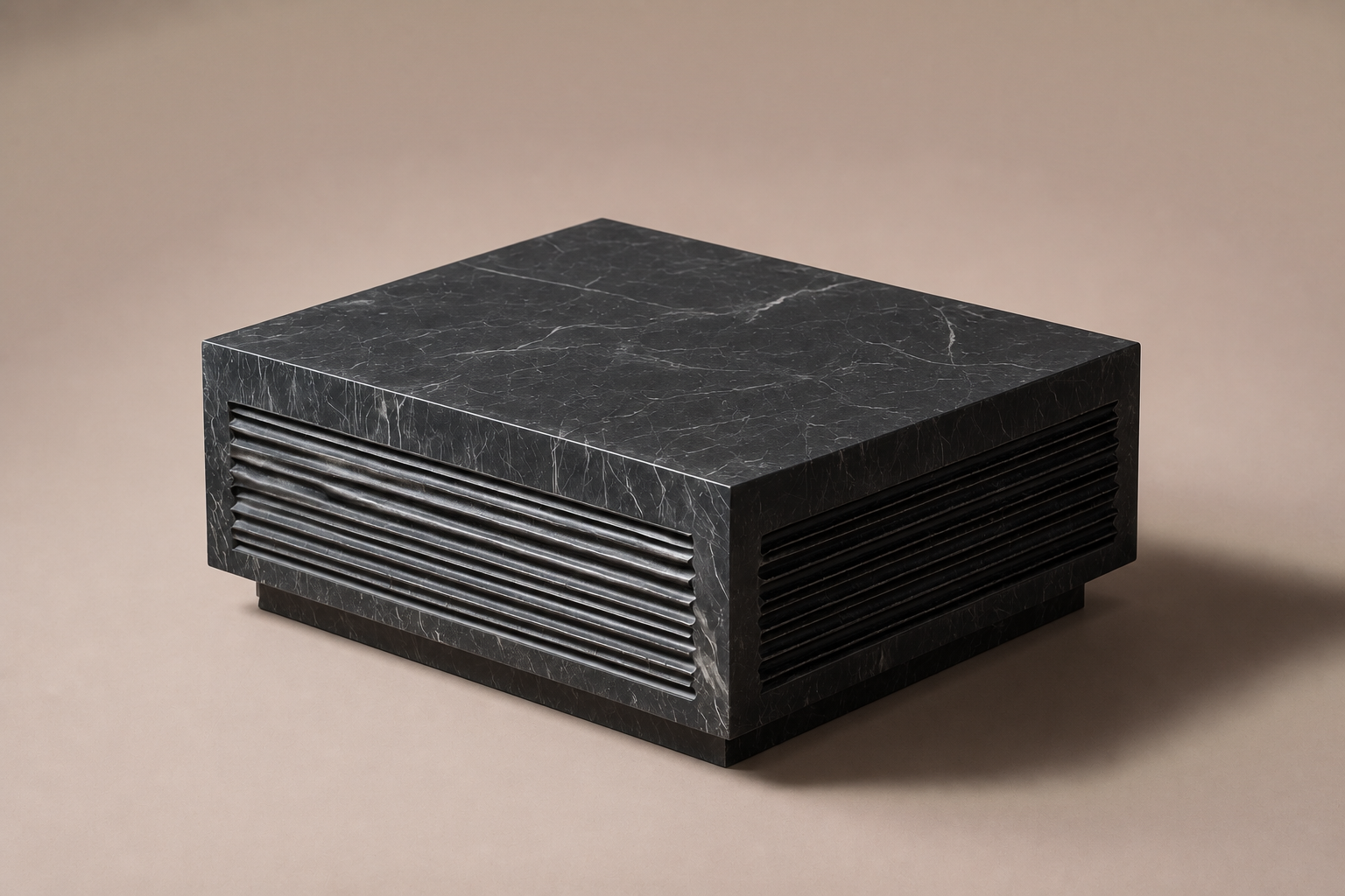 Ribbed Horizontal Base Compact black marble plinth base by 1-OPH, three-quarter studio view