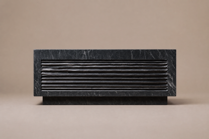 Ribbed Horizontal Base Compact black marble plinth base by 1-OPH, side elevation