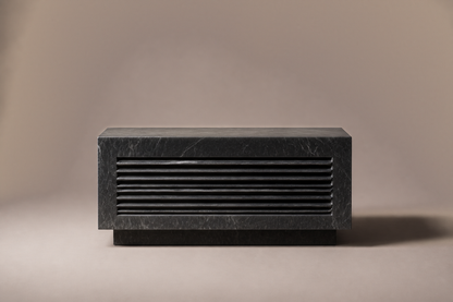 Ribbed Horizontal Base Compact black marble plinth base by 1-OPH, surface detail