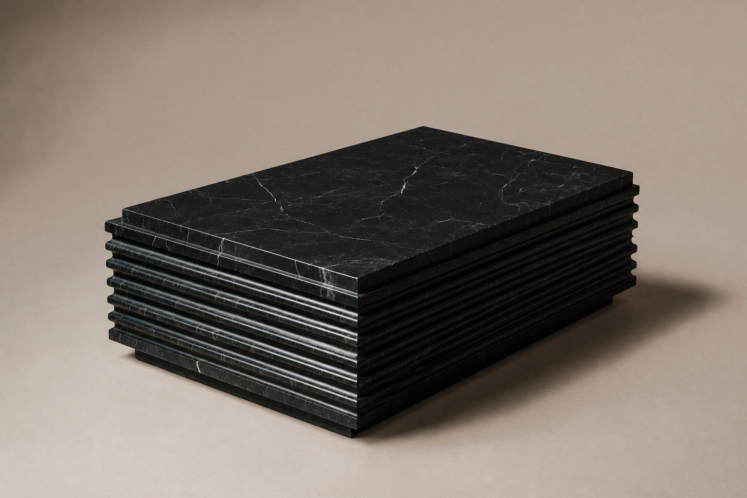 Ribbed Horizontal Base Wide black marble plinth base by 1-OPH, three-quarter studio view