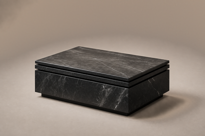 Shadow-Gap Base Deep black marble plinth base by 1-OPH, three-quarter studio view