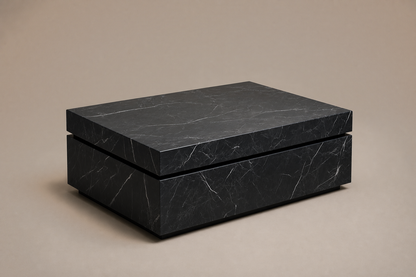 Shadow-Gap Base Split black marble plinth base by 1-OPH, three-quarter studio view