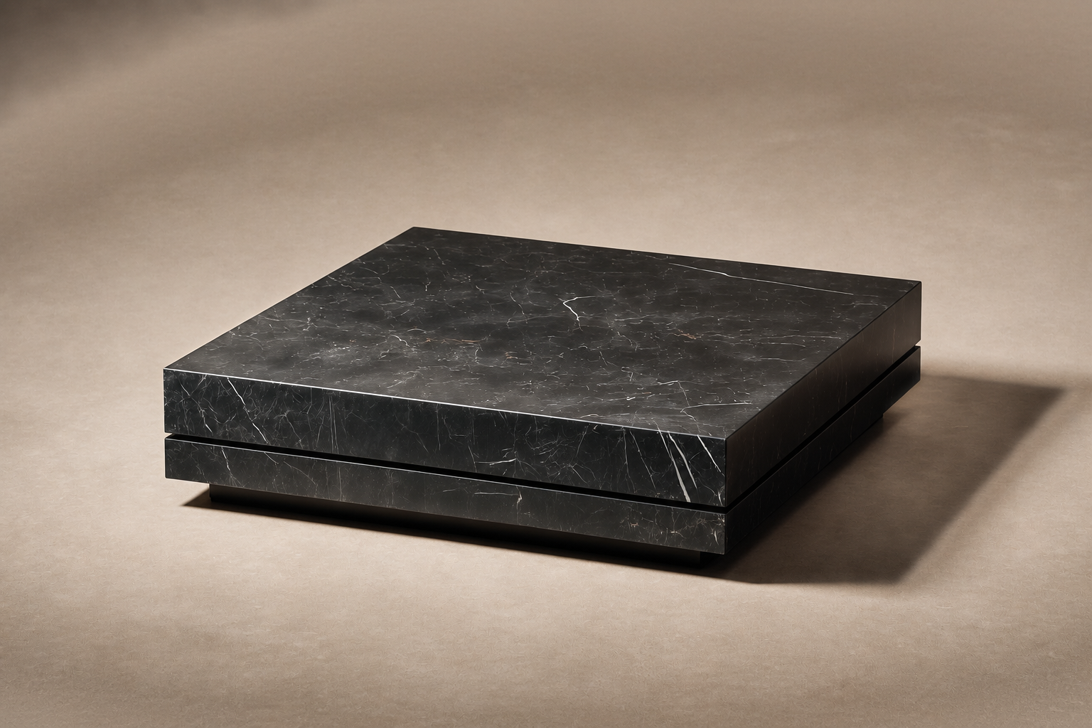 Shadow-Gap Base Low black marble plinth base by 1-OPH, three-quarter studio view