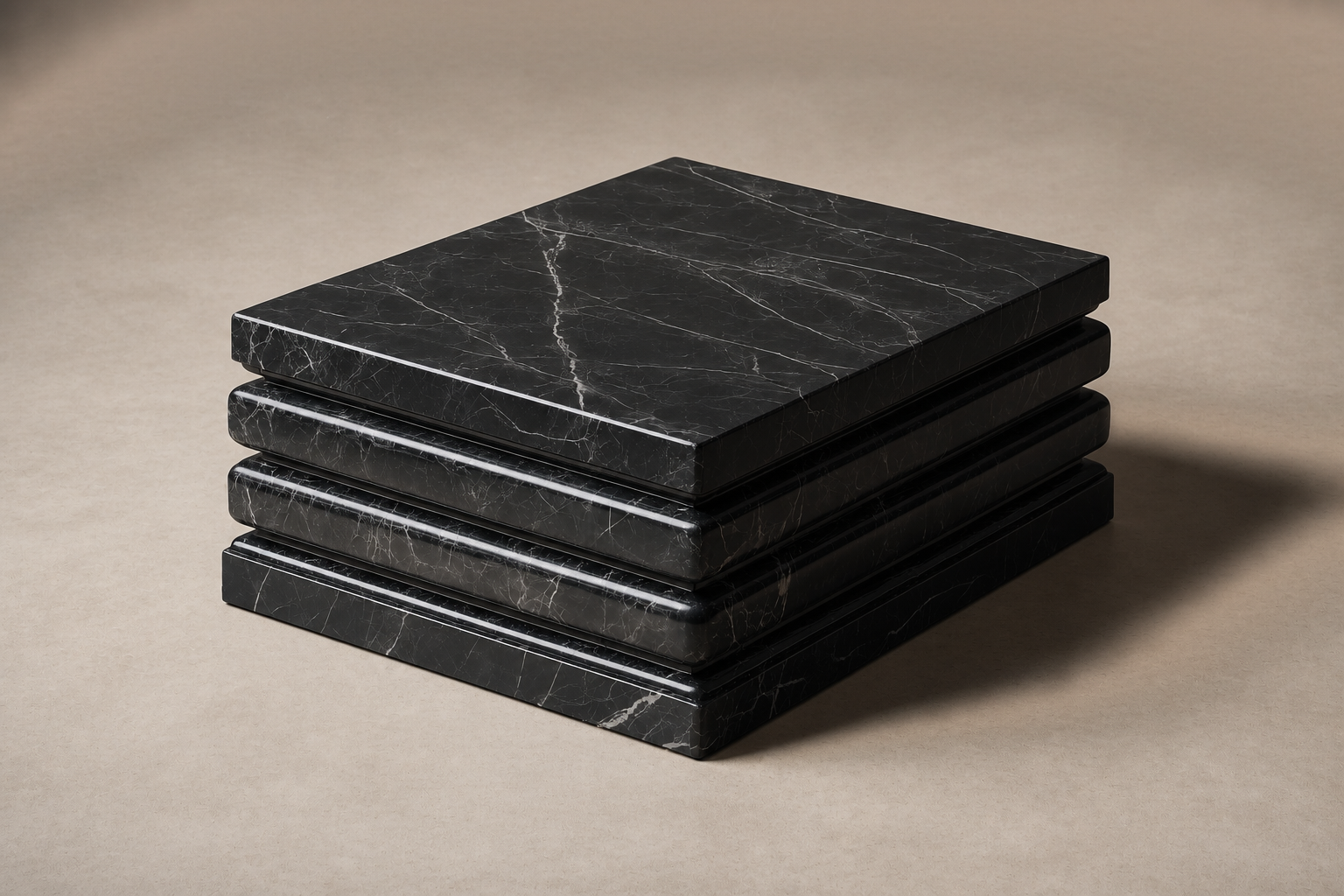 Triple Bullnose Base Square black marble plinth base by 1-OPH, three-quarter studio view