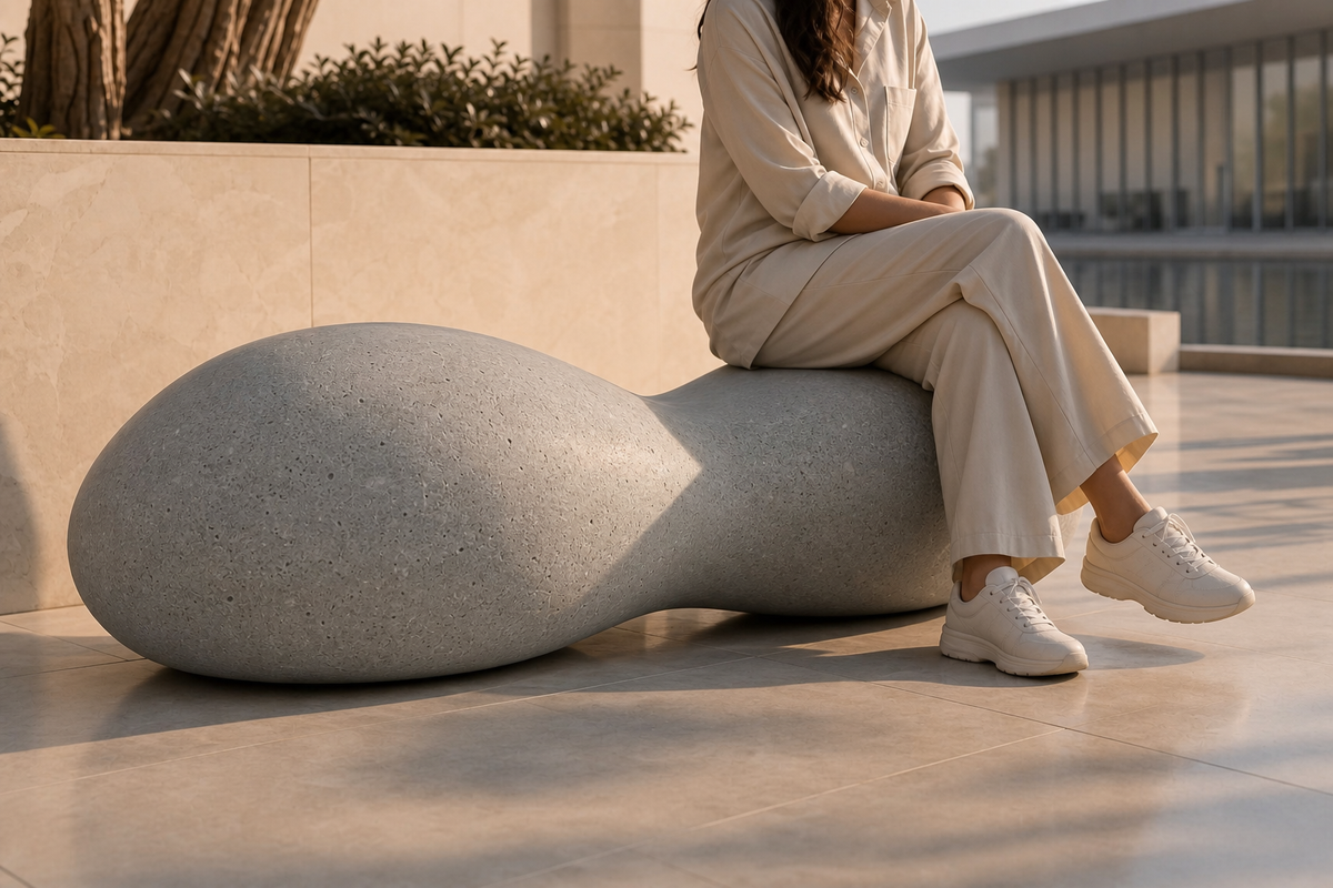 PEBBLE FLOW BENCH XIII, close view of the form in its setting