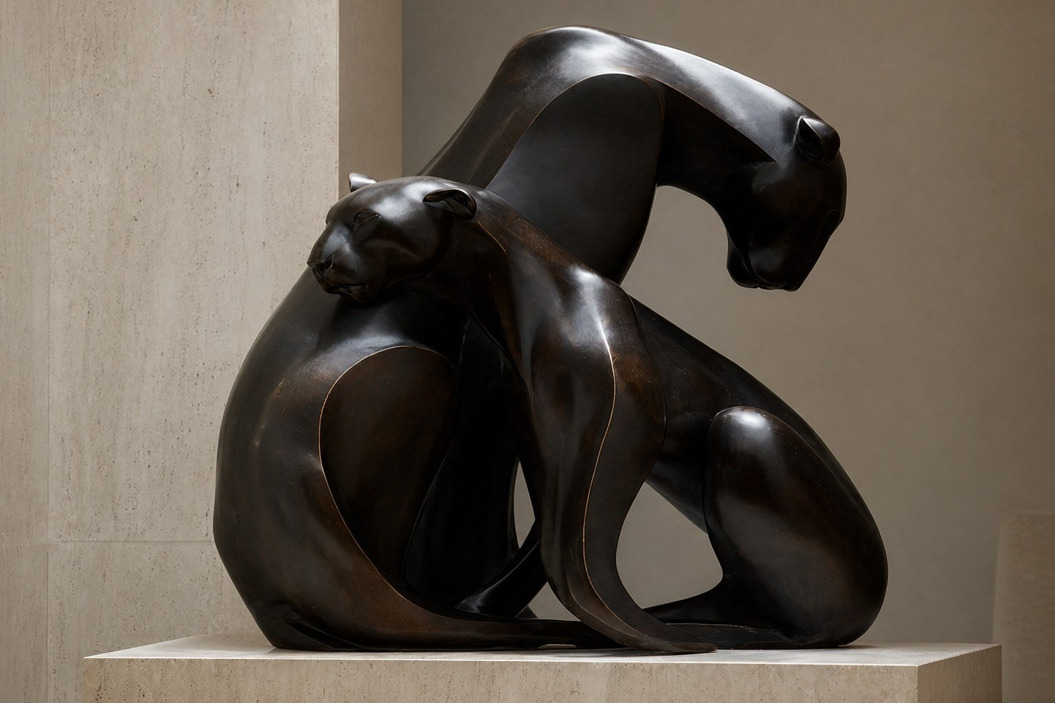 Near-black patinated bronze sculpture Pedregal, two big-cat figures entwined as a single mass, shown on a travertine display plinth.