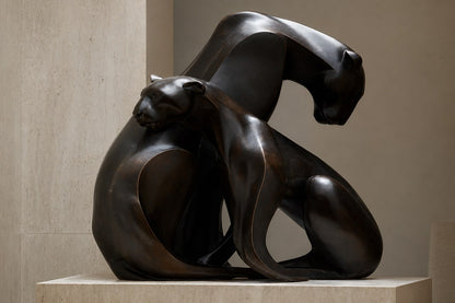 Near-black patinated bronze sculpture Pedregal, two big-cat figures entwined as a single mass, shown on a travertine display plinth.