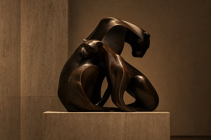 Near-black patinated bronze sculpture Pedregal, two big-cat figures entwined as a single mass, shown on a travertine display plinth.