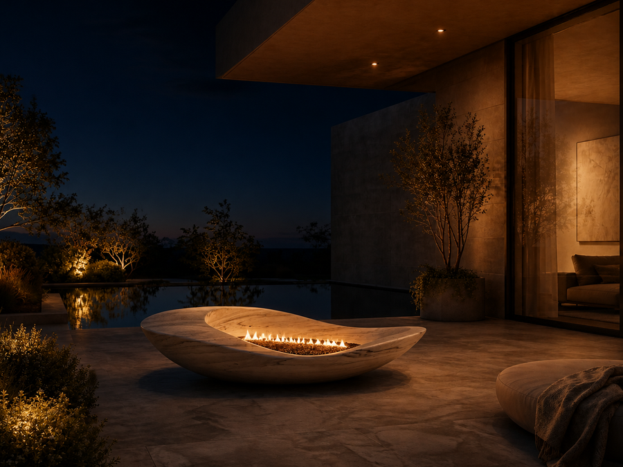 Perlata marble fireplace, in a room setting under evening light
