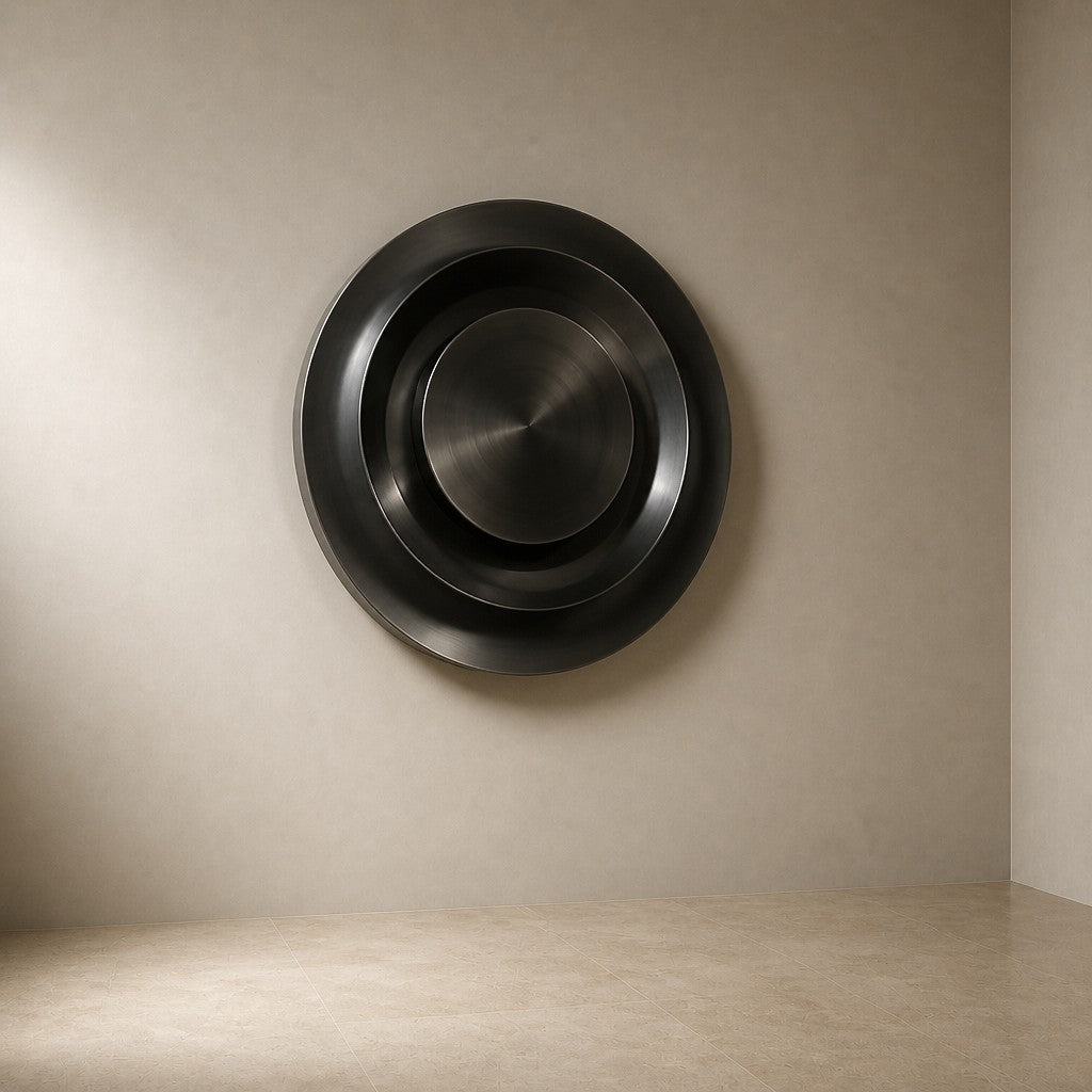 Piatto — 100 × 100 cm round blackened bronze wall dish with a turned steel centre, three-quarter studio view showing its profile