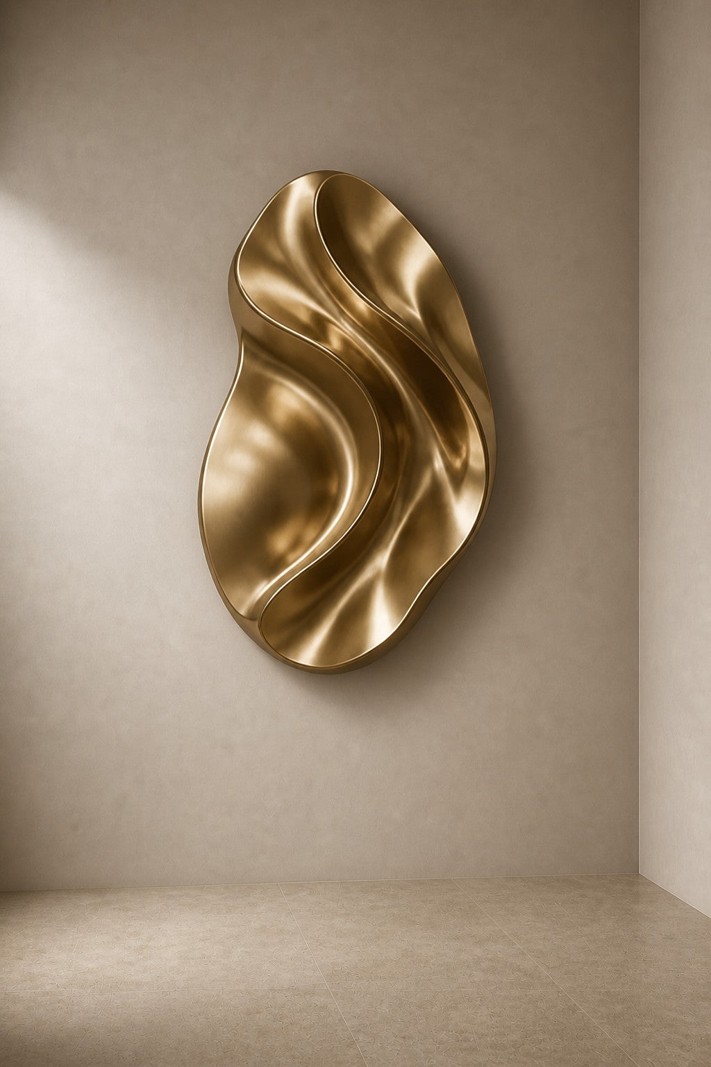 Piega — 90 × 130 cm champagne brass wall relief of a folded oval, three-quarter studio view showing its profile
