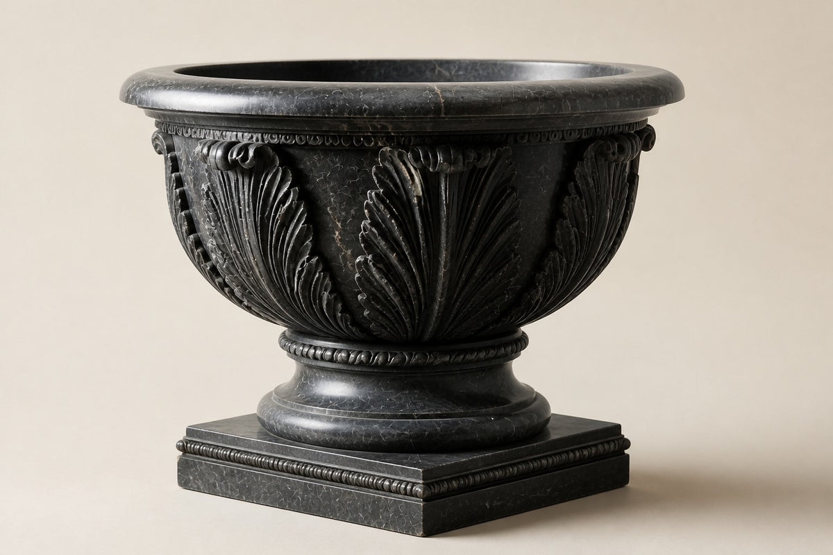 Pietra Grey Acanthus Luxury Marble Urn Planter — 95 cm Pietra Grey marble urn planter carved with large acanthus leaves, three-quarter studio view showing its profile
